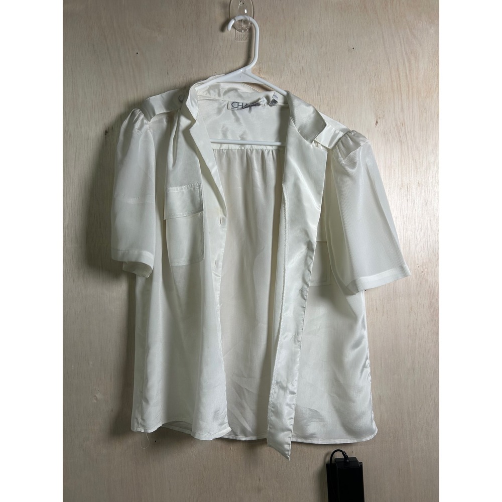Chaus Button Down Blouse Women Size 12 Ivory Excellent Vintage Satin Epaulettes